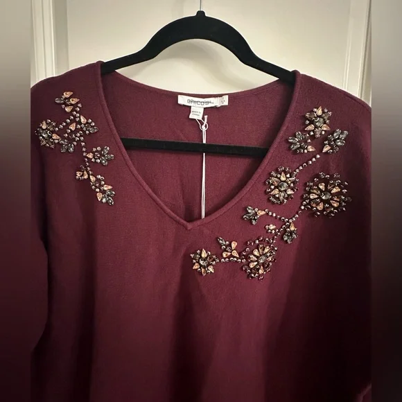 Chico’s Gem Neckline Pullover Sweater Size 4 US XXL V-Neck Color Deep Merlot - Picture 6 of 10